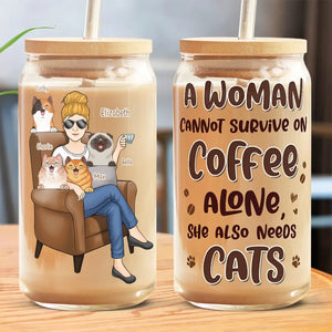 A Woman Cannot Survive On Coffee Alone - Dog & Cat Personalized Custom Glass Cup, Iced Coffee Cup - Mother's Day, Gift For Pet Owners, Pet Lovers