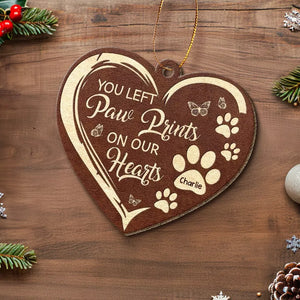You Left Paw Prints On Our Hearts - Memorial Personalized Custom Leather Ornament - Christmas Gift, Sympathy Gift For Pet Owners, Pet Lovers