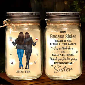 Because Of You, I Laugh A Little Harder - Bestie Personalized Custom Mason Jar Light - Gift For Best Friends, BFF, Sisters