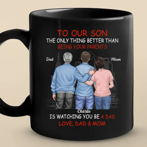 Guiding You, Watching You Grow - Family Personalized Custom Black Mug - Father's Day, Gift For Son