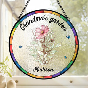 Growing Love, One Flower At A Time - Family Personalized Custom Stained Glass Window Hanging Suncatcher - Mother's Day, Gift For Mom, Grandma