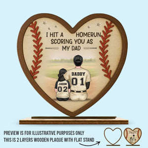We Hit A Homerun Scoring You As Our Dad - Family Personalized Custom Shaped 2-Layered Wooden Plaque With Flat Stand - Father's Day, House Warming Gift For Dad, Sport Lovers, Sport Players