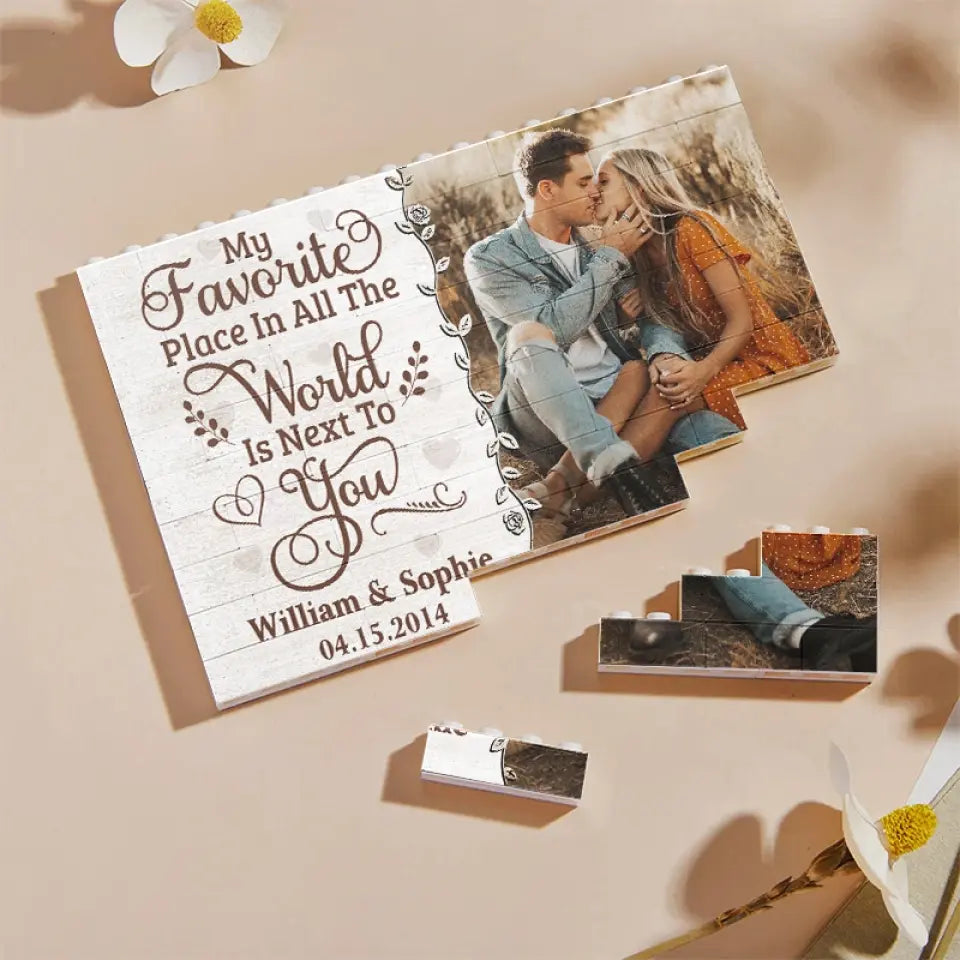 Custom Photo My Favorite Place In All The World - Couple Personalized Custom Horizontal Rectangle Shaped Building Brick Blocks - Gift For Husband Wife, Anniversary