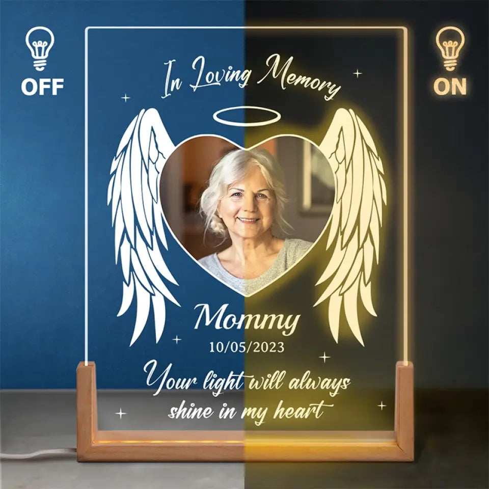 Custom Photo Your Light Will Always Shine In My Heart - Memorial Personalized Custom Shaped 3D LED Walnut Night Light - Sympathy Gift For Family Members
