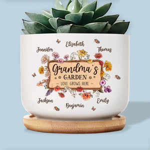 Blooming Flowers In Grandma's Garden - Family Personalized Custom Home Decor Ceramic Plant Pot - House Warming Gift For Grandma