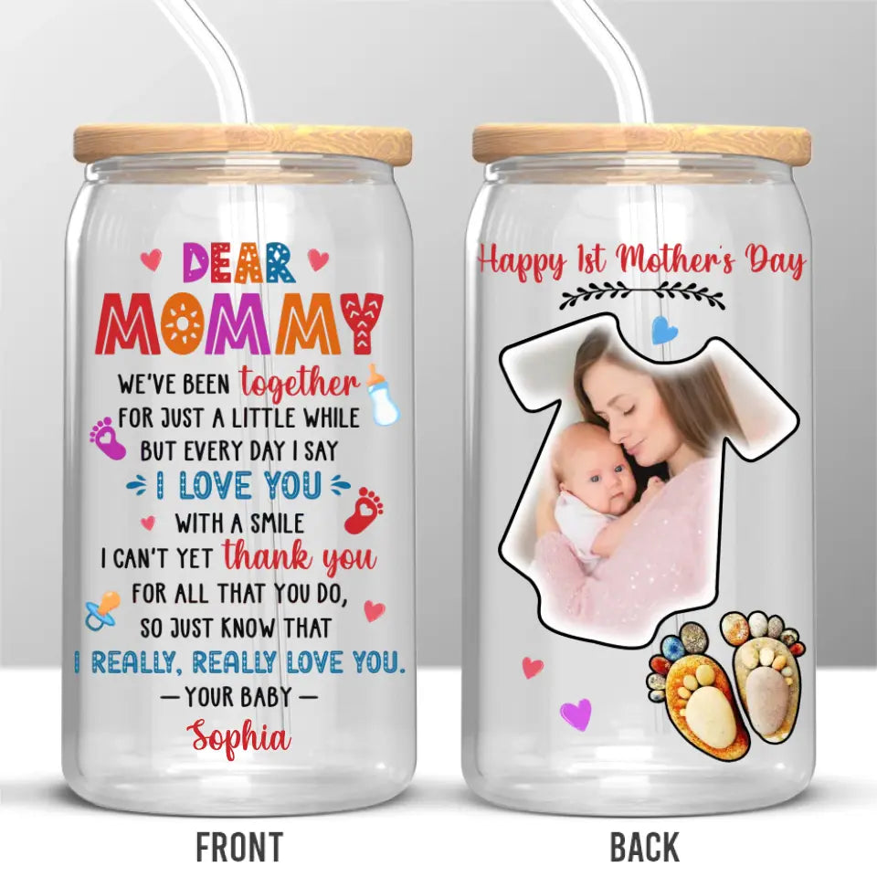 Custom Photo I Love You With A Smile - Family Personalized Custom Glass Cup, Iced Coffee Cup - Mother's Day, Baby Shower Gift, Gift For First Mom
