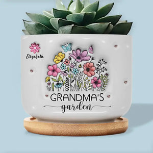 Flowers In Grandma's Garden - Family Personalized Custom 3D Inflated Effect Printed Home Decor Ceramic Plant Pot - House Warming Gift For Grandma