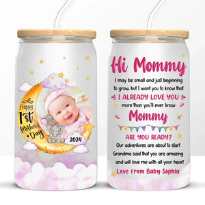 Custom Photo Our Adventures Are About To Start - Family Personalized Custom Glass Cup, Iced Coffee Cup - Mother's Day, Baby Shower Gift, Gift For First Mom