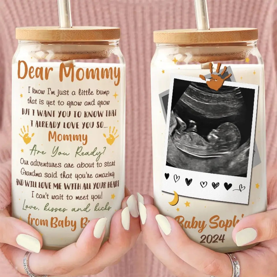 Custom Photo I Can't Wait To Meet You - Family Personalized Custom Glass Cup, Iced Coffee Cup - Mother's Day, Baby Shower Gift, Gift For First Mom