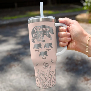 Mama Bear - Family Personalized Custom 40 Oz Stainless Steel Tumbler With Handle - Mother's Day, Gift For Mom, Grandma