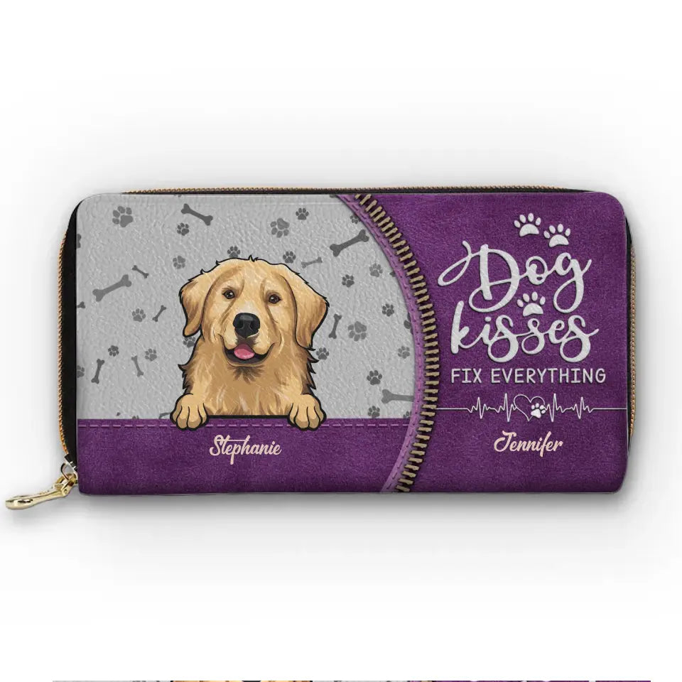Dog Kisses Fix Everything - Dog & Cat Personalized Custom Leather Long Wallet - Gift For Pet Owners, Pet Lovers