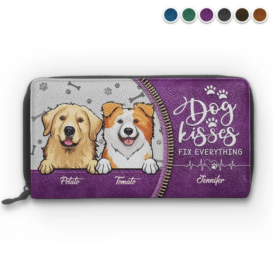Dog Kisses Fix Everything - Dog & Cat Personalized Custom Leather Long Wallet - Gift For Pet Owners, Pet Lovers