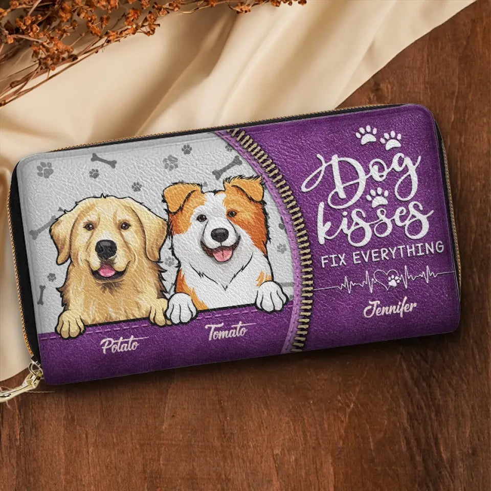 Dog Kisses Fix Everything - Dog & Cat Personalized Custom Leather Long Wallet - Gift For Pet Owners, Pet Lovers