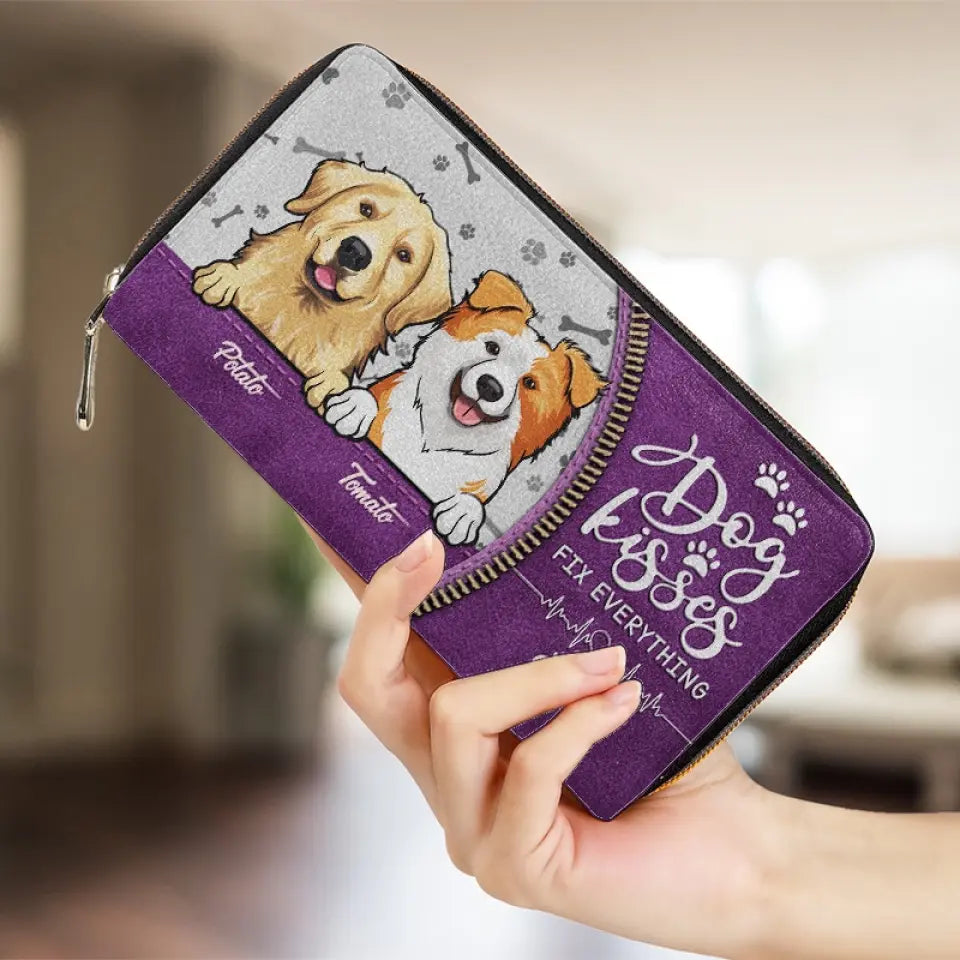 Dog Kisses Fix Everything - Dog & Cat Personalized Custom Leather Long Wallet - Gift For Pet Owners, Pet Lovers