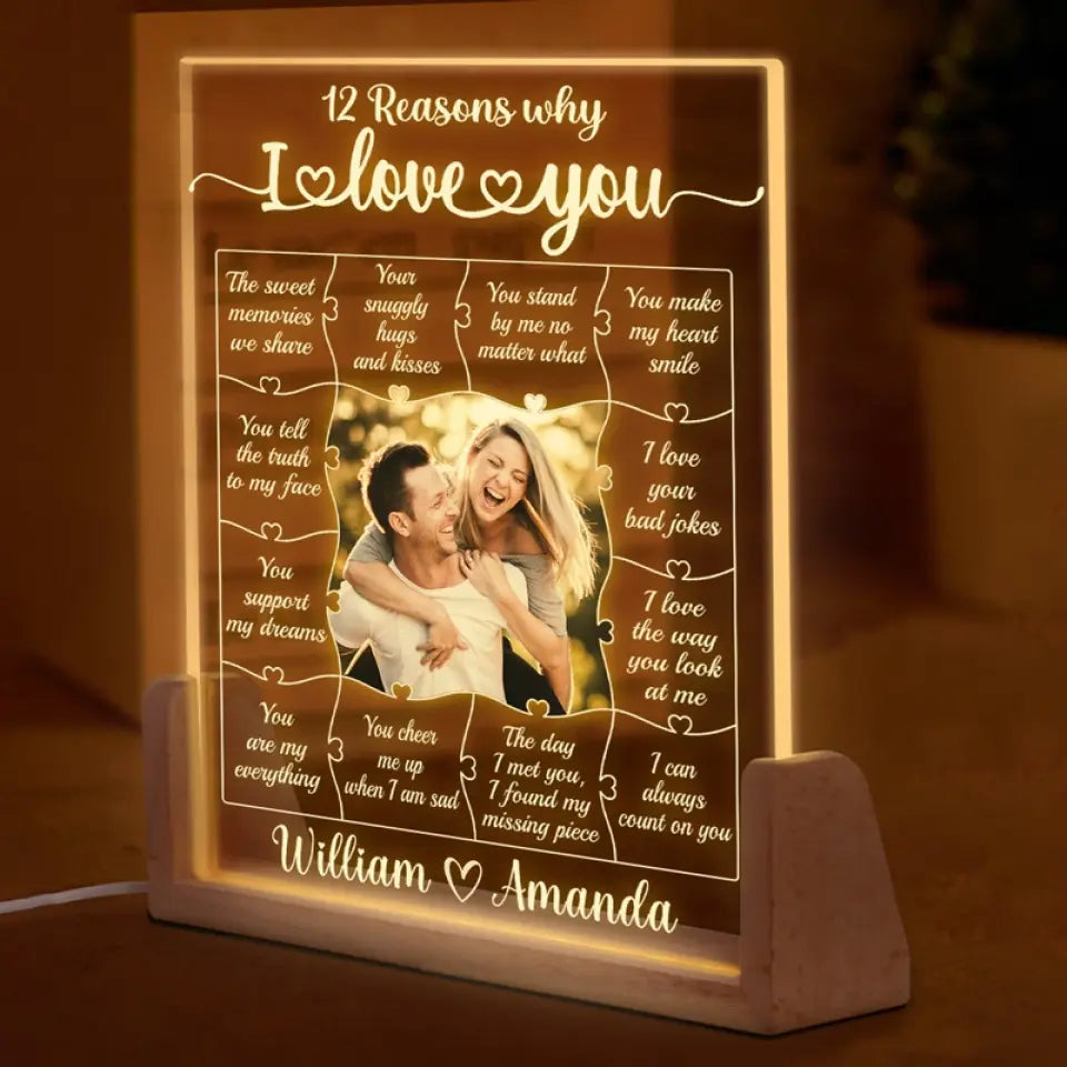 Custom Photo 12 Reasons Why I Love You - Couple Personalized Custom Shaped 3D LED Walnut Night Light - Gift For Husband Wife, Anniversary