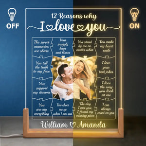 Custom Photo 12 Reasons Why I Love You - Couple Personalized Custom Shaped 3D LED Walnut Night Light - Gift For Husband Wife, Anniversary