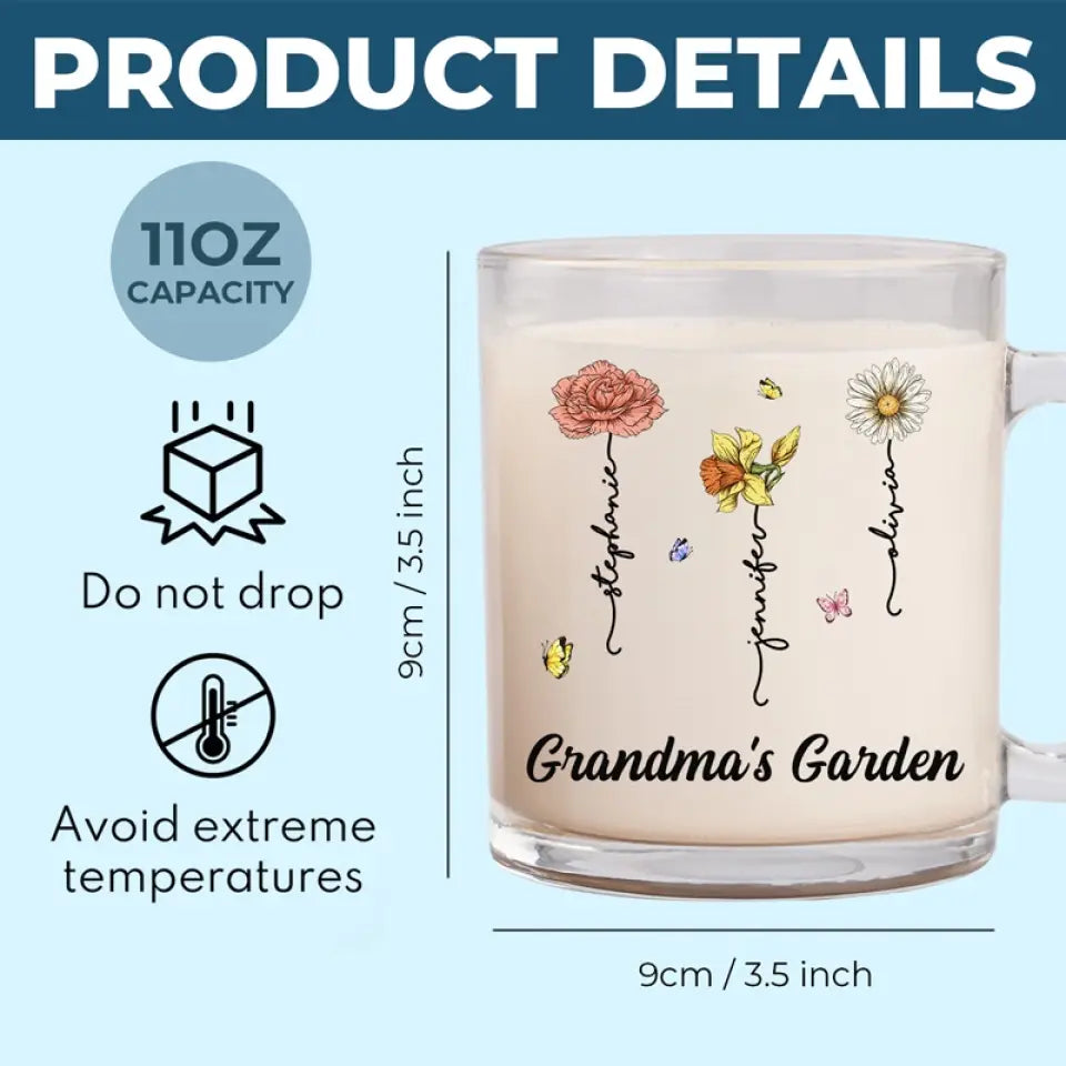 My Grandma's Favorite Garden - Family Personalized Custom Glass Mug - Gift For Mom, Grandma