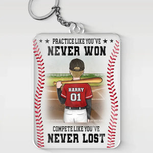 Practice With Humility, Not Hubris - Family Personalized Custom Shaped Acrylic Keychain - Gift For Family Members, Baseball Players, Baseball Lovers