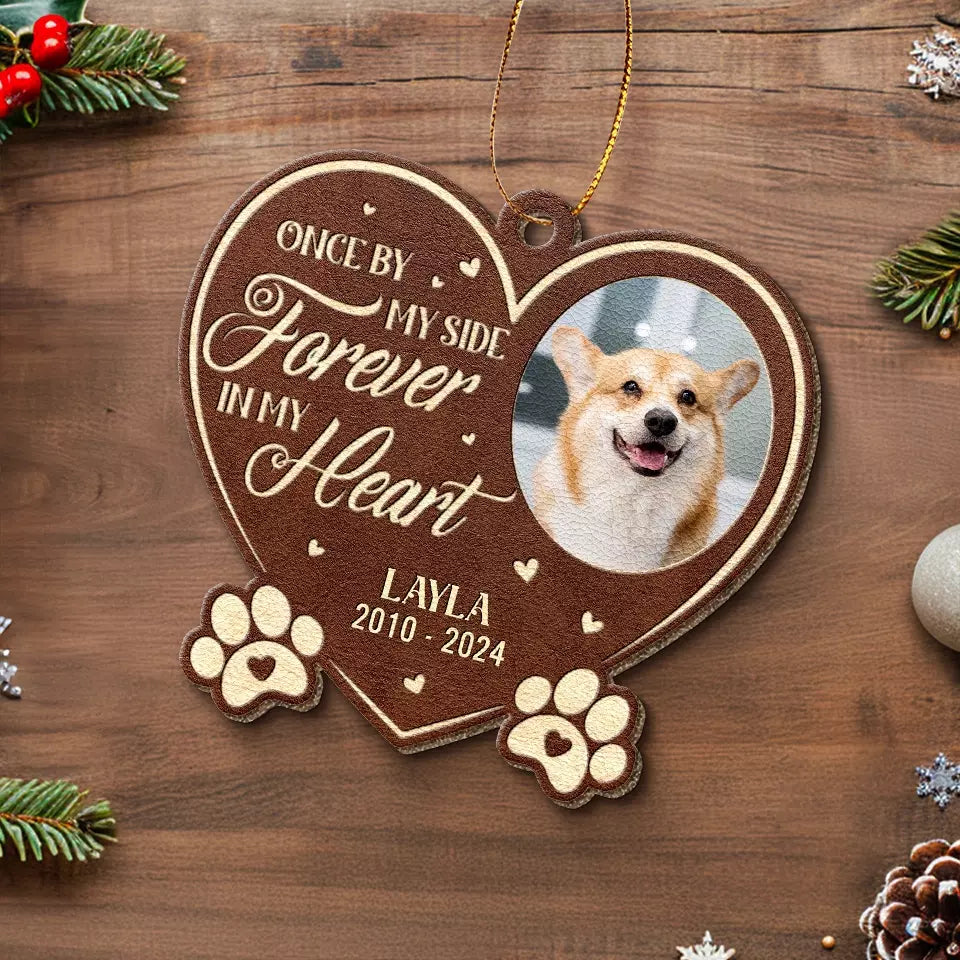 Custom Photo You Left Paw Prints On My Heart - Memorial Personalized Custom Leather Ornament - Christmas Gift, Sympathy Gift For Pet Owners, Pet Lovers
