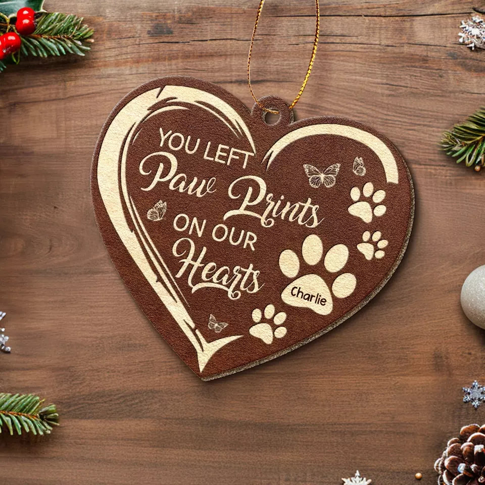 You Left Paw Prints On Our Hearts - Memorial Personalized Custom Leather Ornament - Christmas Gift, Sympathy Gift For Pet Owners, Pet Lovers