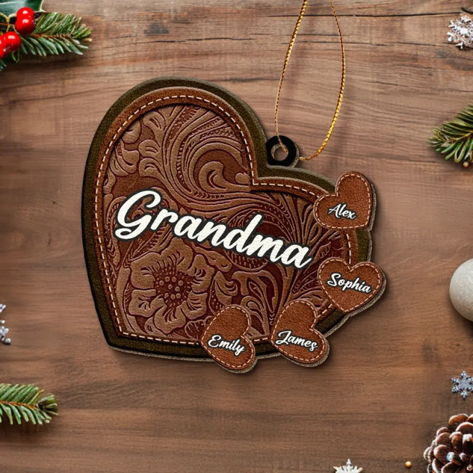 Grandmothers Are The Heart Of The Family - Family Personalized Custom Leather Ornament - Christmas Gift For Grandma