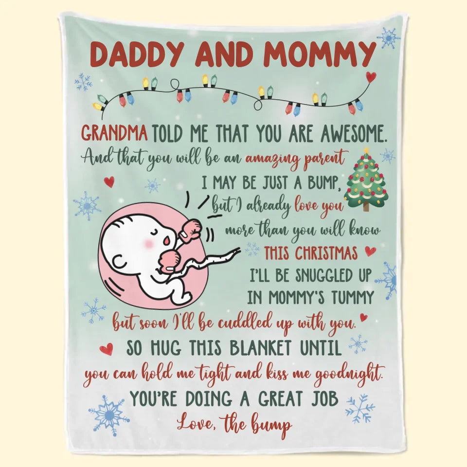 Love Kisses And Kicks From Baby Bump - Family Personalized Custom Blanket - Baby Shower Gift, First Christmas Gift, Christmas Gift For First Mom