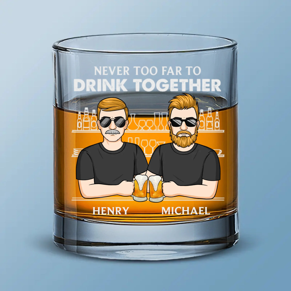 Never Too Far To Drink Together - Family Personalized Custom Whiskey Glass - Gift For Family Members