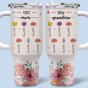 Roots Of Wisdom, Petals Of Love - Family Personalized Custom 40 Oz Stainless Steel Tumbler With Handle - Gift For Mom, Grandma