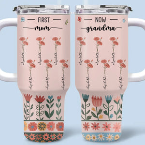 From Her Roots, We Blossom - Family Personalized Custom 40 Oz Stainless Steel Tumbler With Handle - Gift For Mom, Grandma