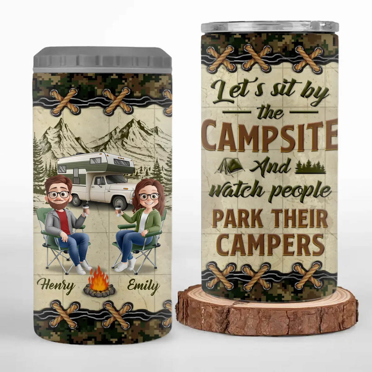 Adventure, Love, And A Campfire - Camping Personalized Custom 4 In 1 Can Cooler Tumbler - Gift For Couple, Husband Wife, Camping Lovers