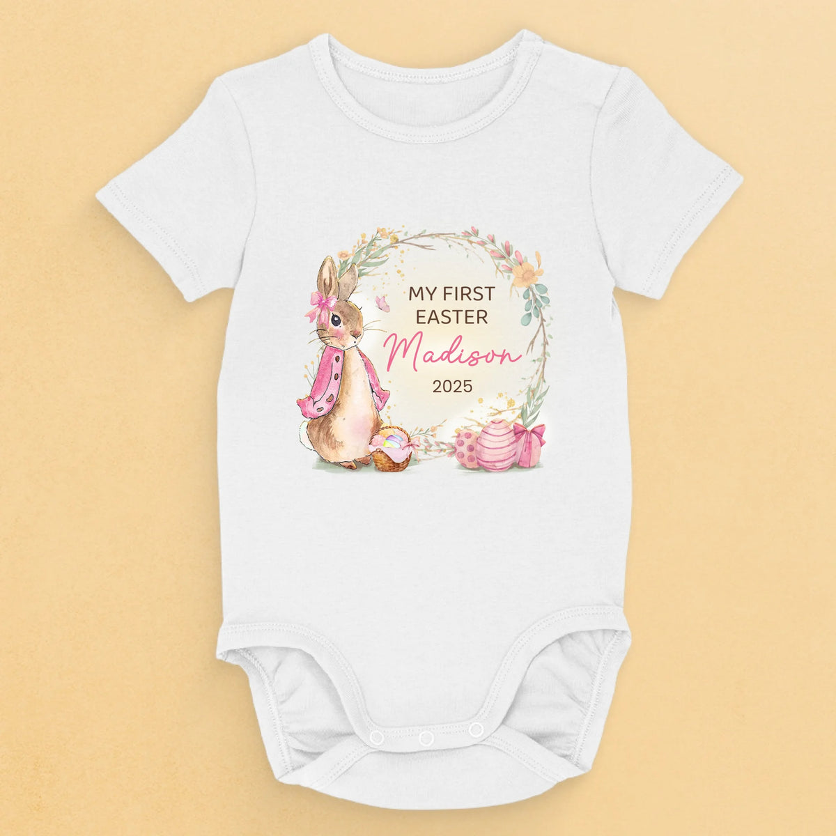 Bunny Kisses & Springtime Wishes - Family Personalized Custom Baby Onesie - Easter Gift For Baby Kids, Newborn Baby