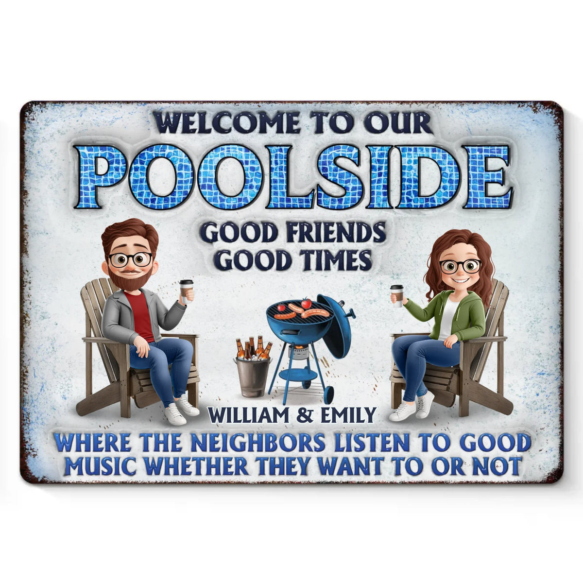Welcome To Our Poolside, Where The Fun Never Stops - Couple Personalized Custom Home Decor Metal Sign - House Warming Gift For Husband Wife, Anniversary