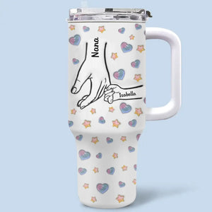 Holding Hands, Holding Hearts - Family Personalized Custom 3D Inflated Effect Printed 40 Oz Stainless Steel Tumbler With Handle - Mother's Day, Gift For Mom, Grandma