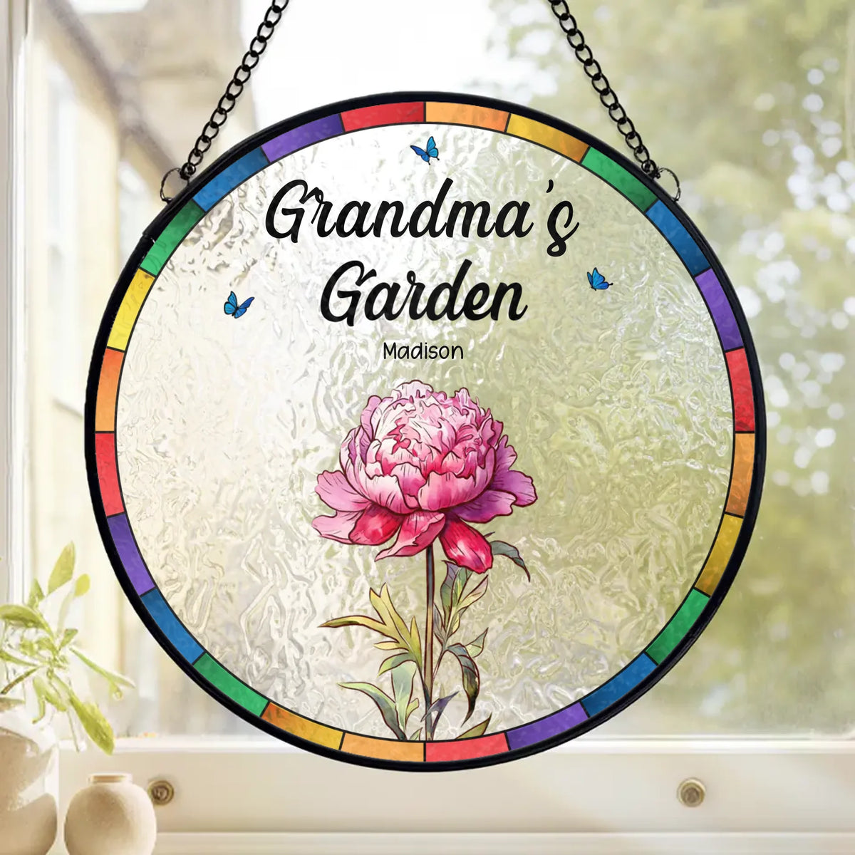 A Grandma’s Garden Is Where Love Grows - Family Personalized Custom Stained Glass Window Hanging Suncatcher - Mother's Day, Gift For Mom, Grandma