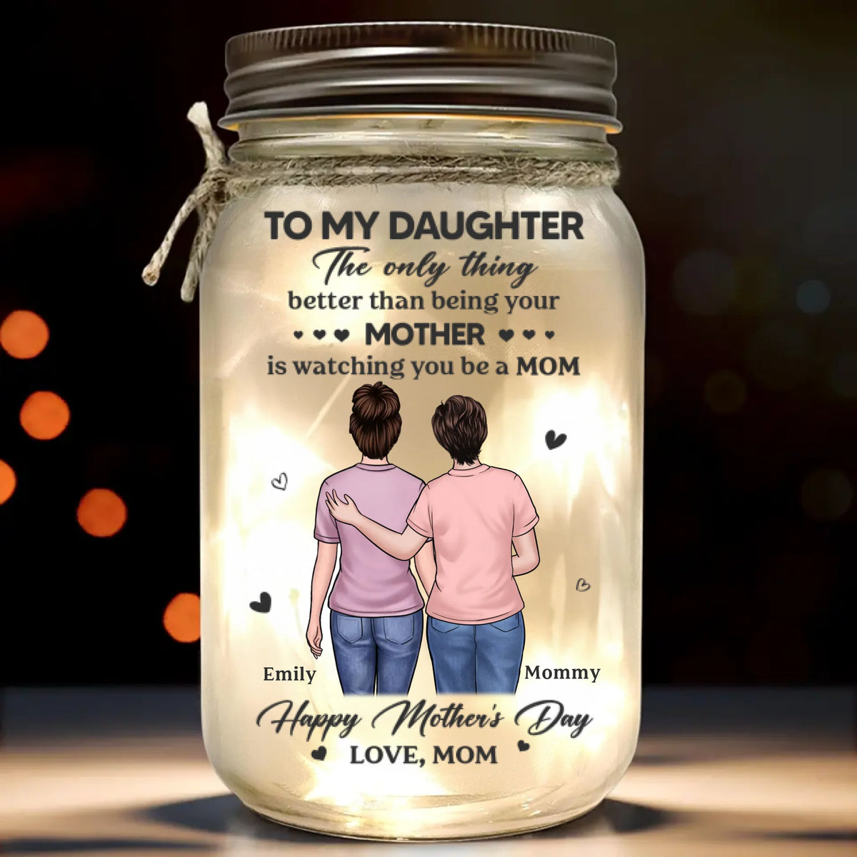 Her Hugs Fix Everything - Family Personalized Custom Mason Jar Light - Mother's Day, Gift For Mom, Daughter
