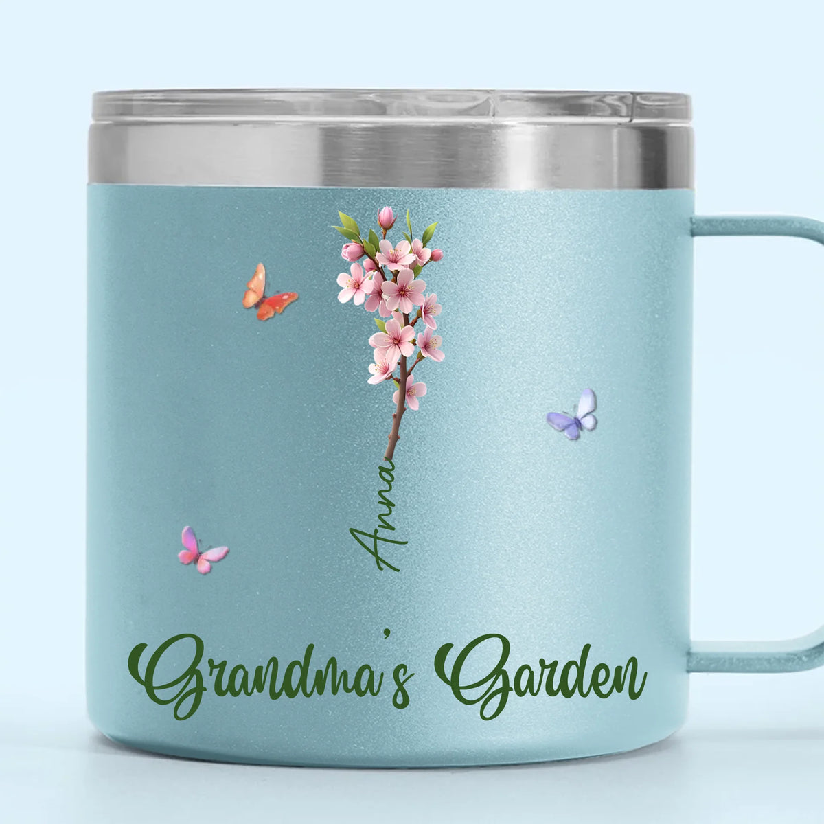 Her Garden Grows With Laughter & Little Feet - Family Personalized Custom 14oz Stainless Steel Tumbler With Handle - Mother's Day, Gift For Mom, Grandma