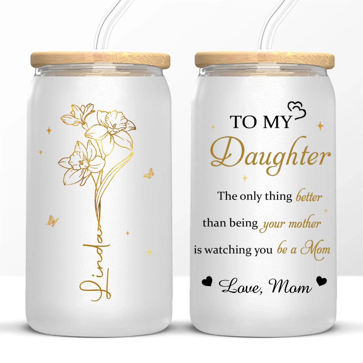 Her Love Blossoms Endlessly - Family Personalized Custom Glass Cup, Iced Coffee Cup - Mother's Day, Gift For Mom, Daughter
