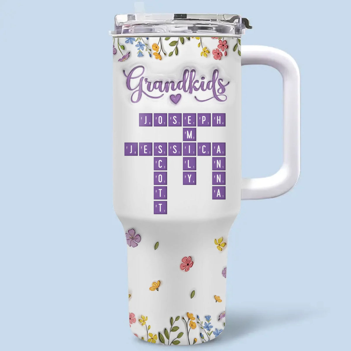 My Heart In Crossword Form - Family Personalized Custom 3D Inflated Effect Printed 40 Oz Stainless Steel Tumbler With Handle - Mother's Day, Gift For Mom, Grandma