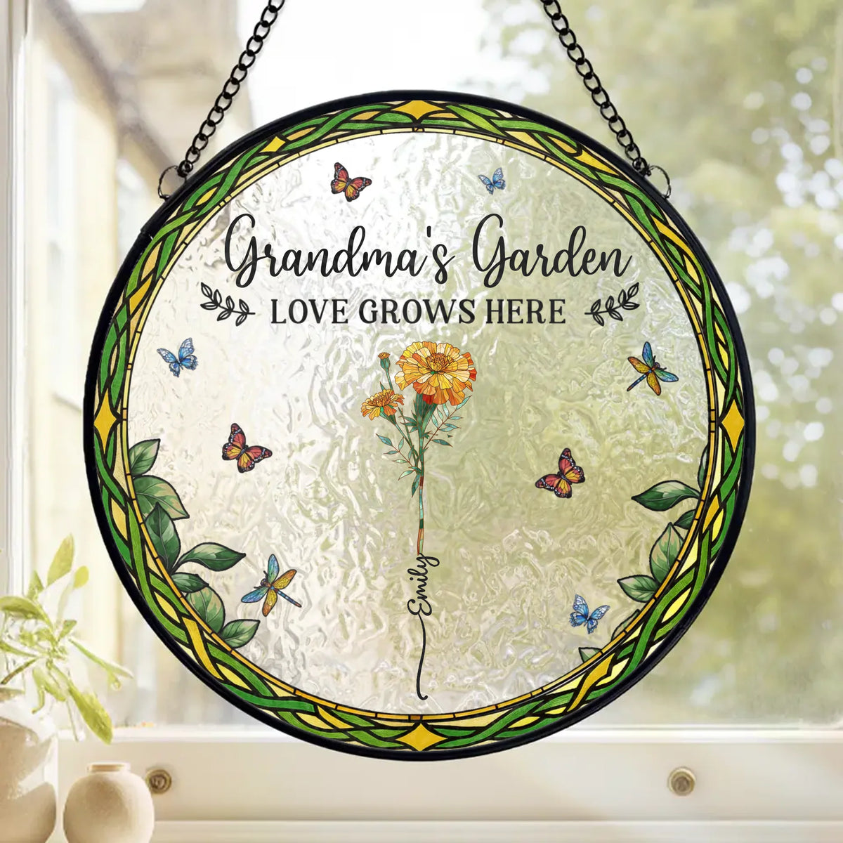 Petals Whisper Her Kindness - Family Personalized Custom Stained Glass Window Hanging Suncatcher - Mother's Day, Gift For Mom, Grandma