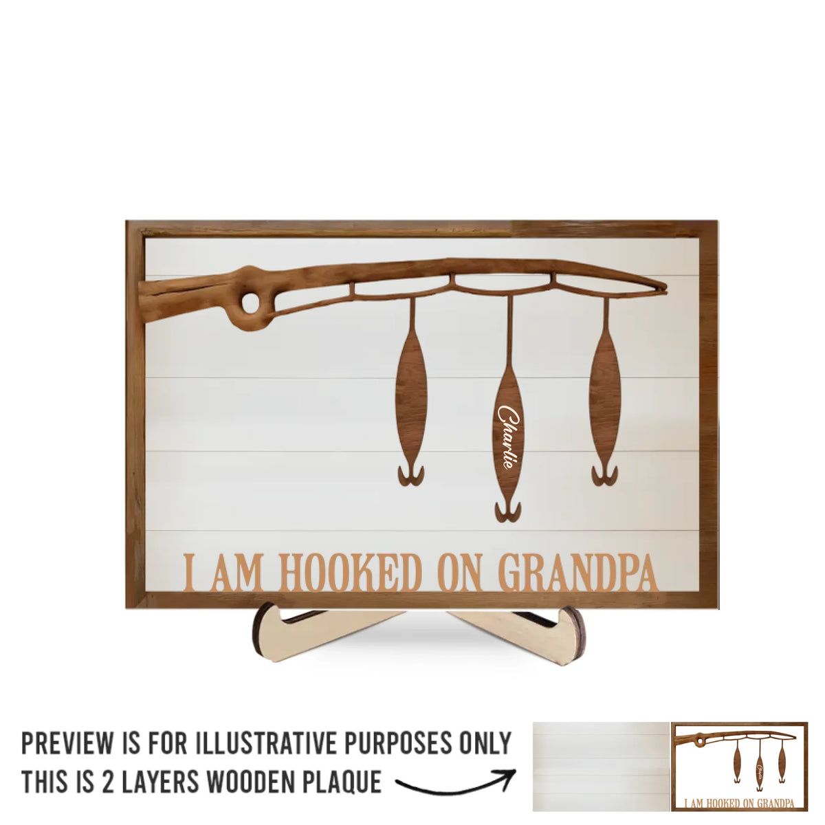 We Are Hooked On You - Family Personalized Custom 2-Layered Wooden Plaque With Stand - Father's Day, Gift For Dad, Grandpa, Sport Lovers, Sport Players